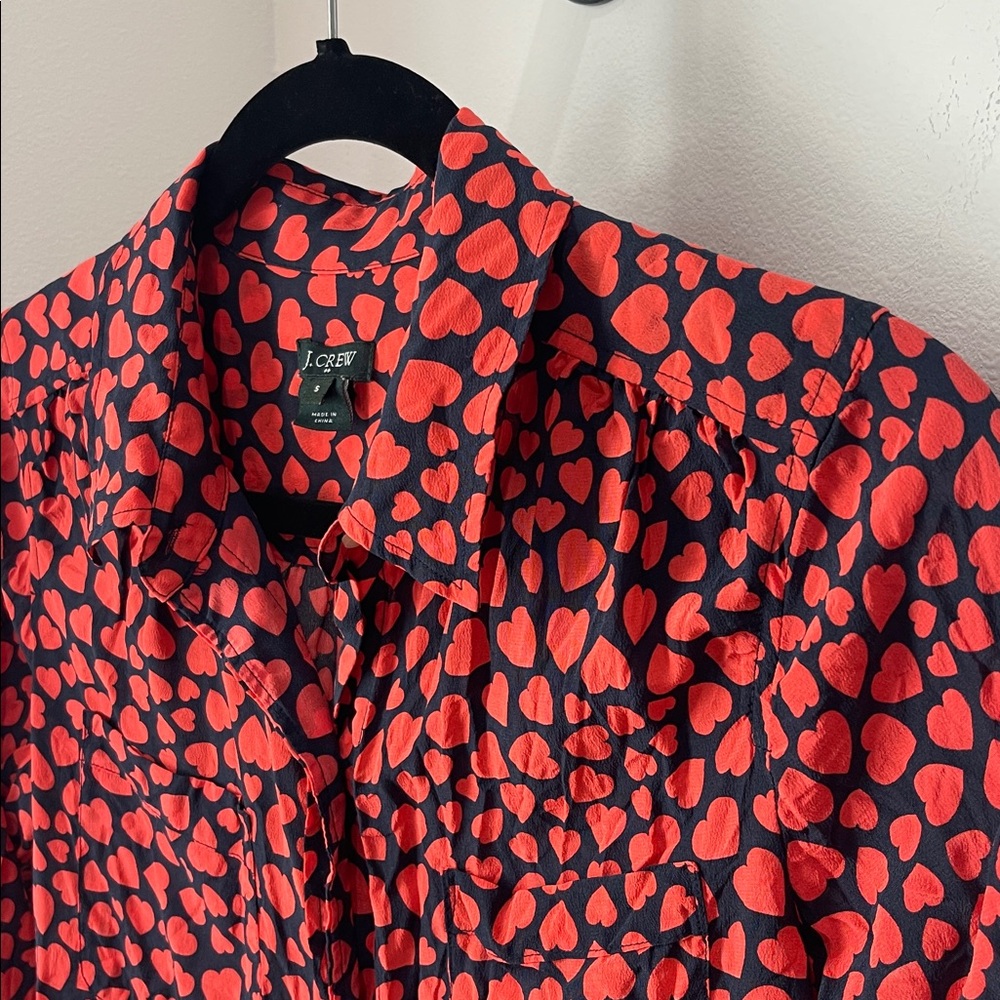 J. CREW silk button blouse, black with red hearts - Picture 3 of 7